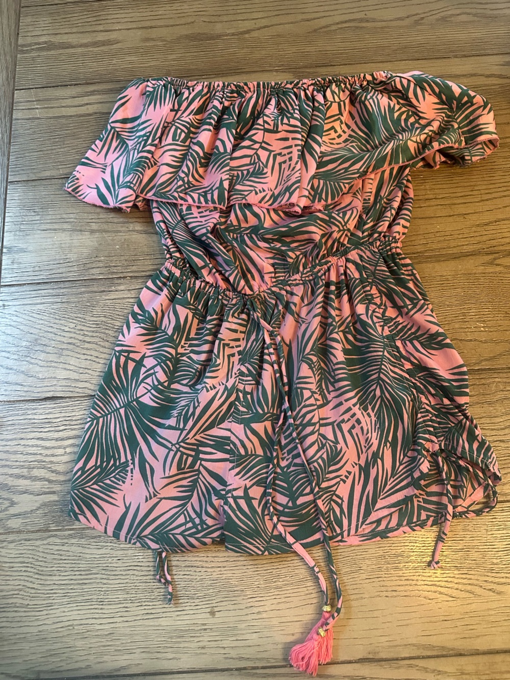 Elan Pink Tropical Off-Shoulder Romper with Green Leaf Print
